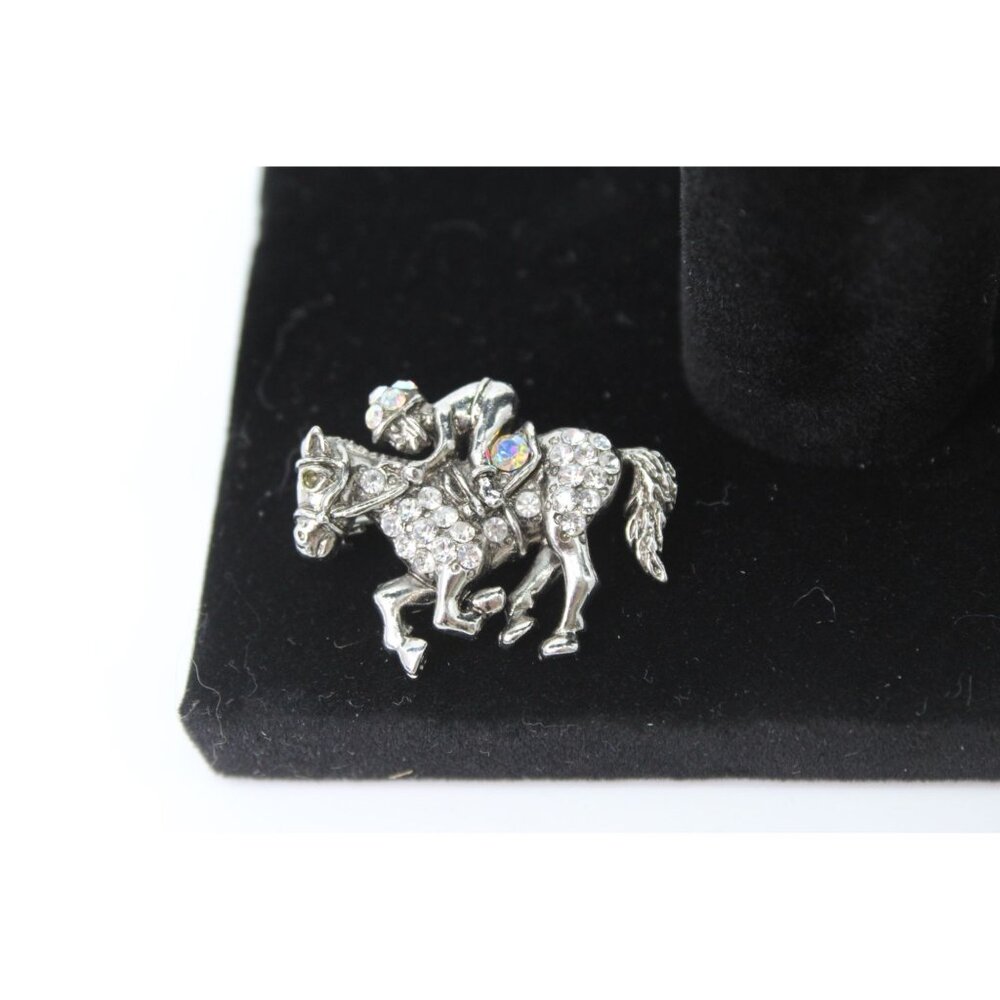 Silver Tone Rhinestone Horse & Jockey Brooch Pin
